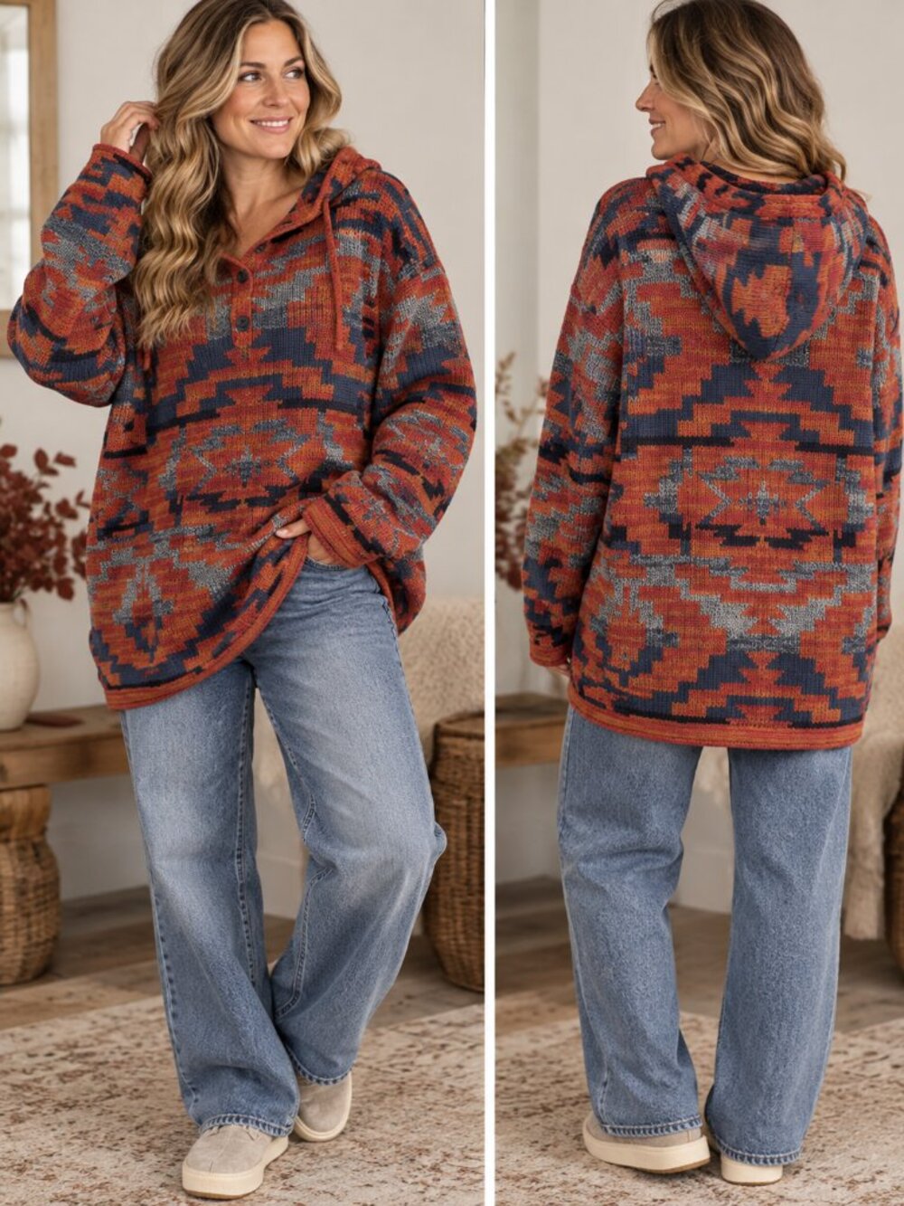 American Eagle XL Seriously Soft Southwestern Aztec Hooded Sweater Cozy Boho